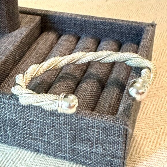 Silver-Tone Open Cuff Bracelet With Twisted Mesh Design & Polished End Caps - Picture 2 of 6